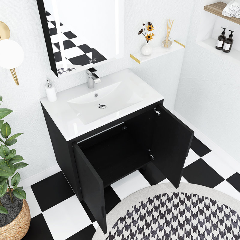 30 po Meuble-lavabo autoportant noir avec plateau en résine blanche non assemblé