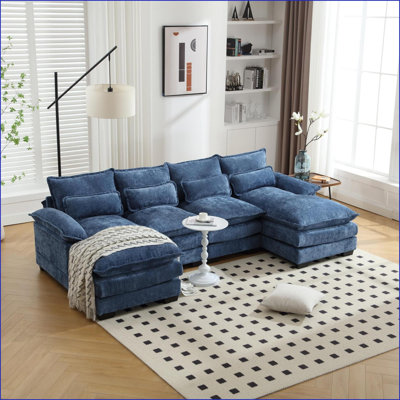 Canapé modulaire, grand canapé en chenille moderne en U pour le salon | Bleu marine | Chenille