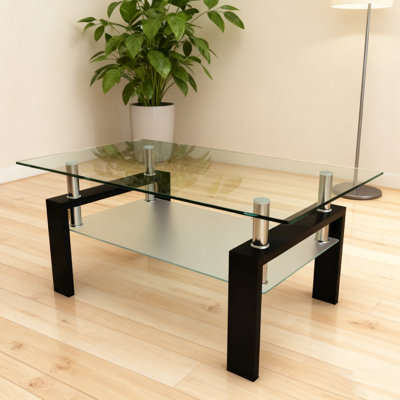 Rectangle Glass Coffee Table (modern Living Room Center Table) | Double-layer Storage, Sturdy Iron Frame | 39.37"w X23.62"d X17.7"h, Easy Clean, Livi by Wrought Studio