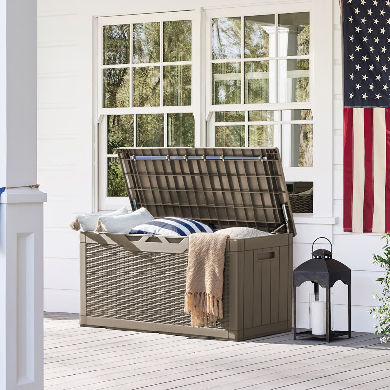 Furmax 100 Gallons Plastic Lockable Deck Box With Cushion, Beige