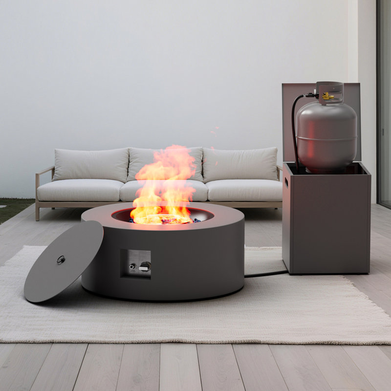 Foyer de table rond 30 po en acier au propane sans fumée avec couvercle, Gris foncé