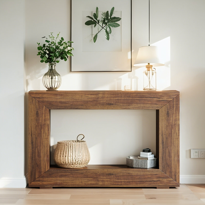 Console rectangulaire brune avec base en bois manufacturé pour espaces confortables