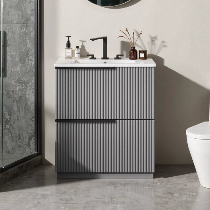 Meuble-lavabo moderne 30 po gris avec lavabo en céramique, tiroirs pleine extension à fermeture en douceur et conception cannelée