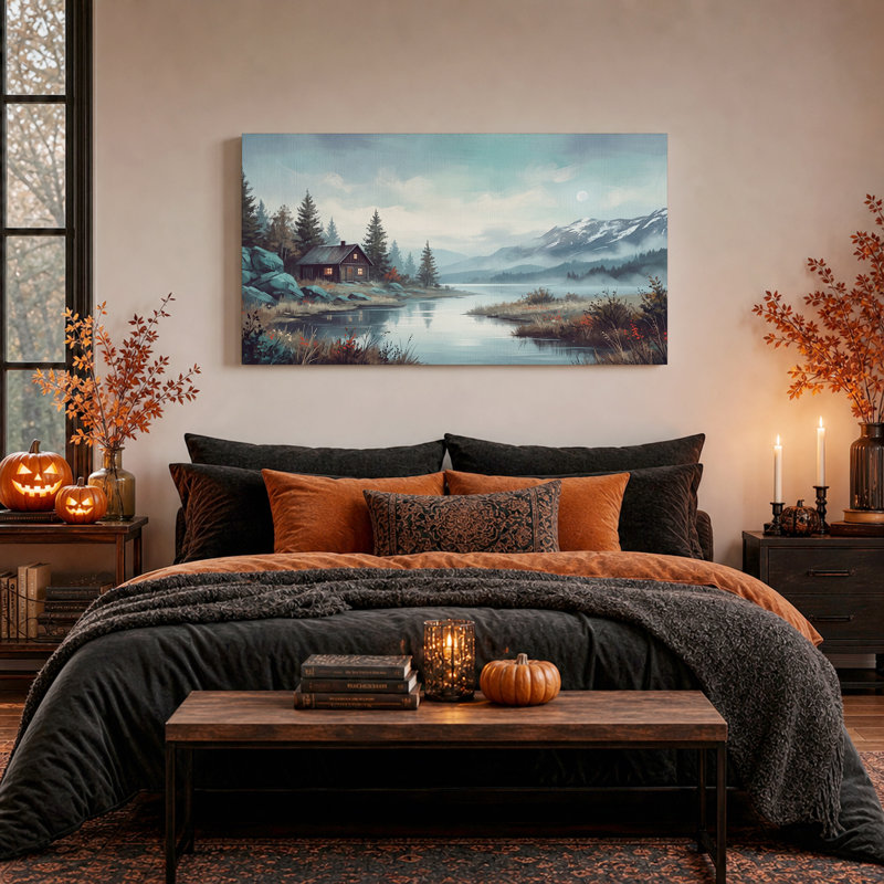 Art mural sur toile Cabin par Misty Lake and Snowy Mountains, 32“W x 16”H