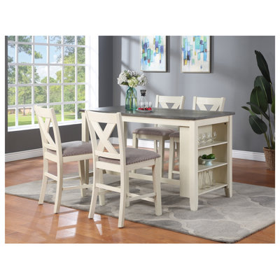 Table de salle à manger moderne à hauteur de comptoir décontractée avec tablettes de rangement, table de salle à manger en bois d'hévéa massif blanc cassé