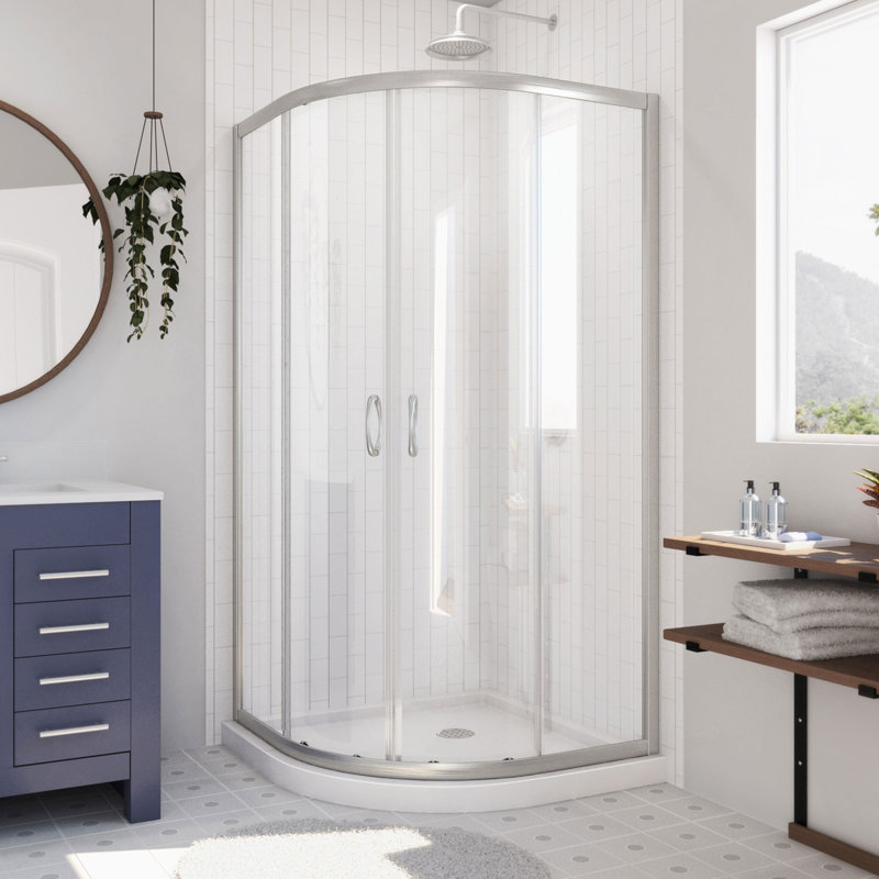 Prime 33" W x 33" D x 74.75" H Semi-Frameless Round Sliding Shower Enclosure with Fixed Panel and Base Included, White