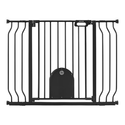 Baby Gate for Stairs, 29.5-43 in Adjustable Width, Baby Gate with Adjustable Cat Door, Secure Metal Pet Door for Stairs, Doorways, and House, Black, Featuring Pressure Mount Kit and Wall Mount Kit