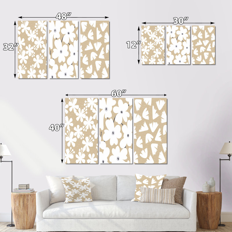 «White Minimalistic Abstract Flowers Silhouettes I», ensemble de 3 pièces d'art traditionnel, H 28 po x l 36 po
