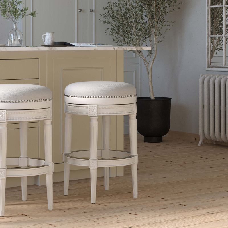 31In Wood Backless Bar-Height Swivel Barstool, White