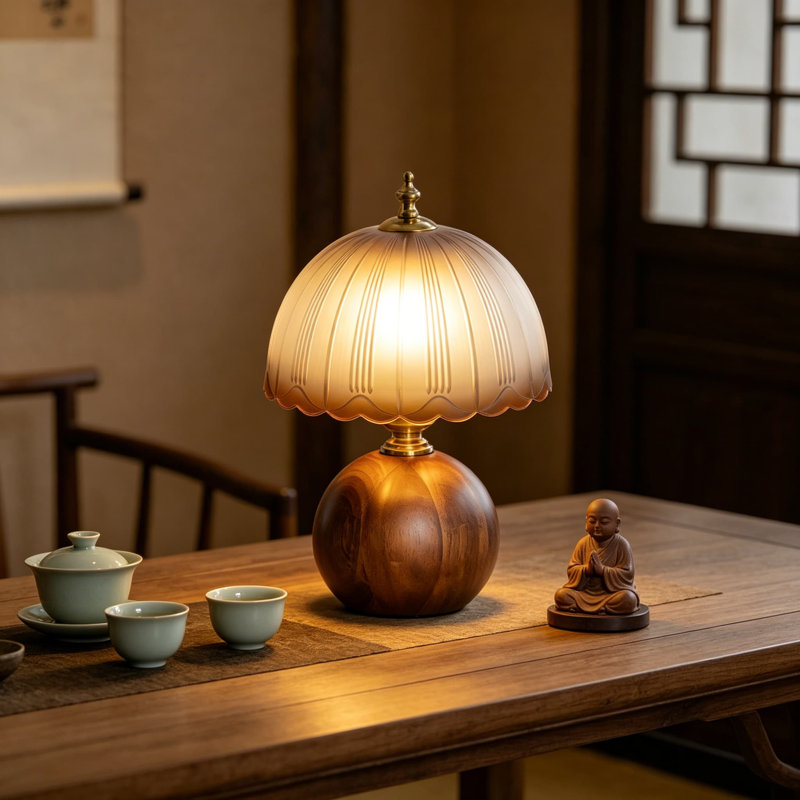 Lampe de table à intensité variable en bois avec abat-jour en verre givré - Lampe de table de chevet en bois massif pour chambre à coucher et salon, douille E26 avec cordon de 6 pi