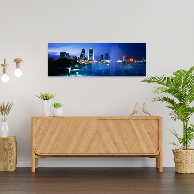 Fountain Cityscape Night Jacksonville Florida USA by Gerald L. French - Wrapped Canvas Panoramic Print