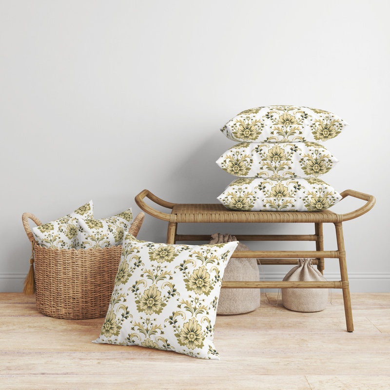 Beige and Olive Floral Faux Suede Reversible Throw Pillow, 16" x 16"