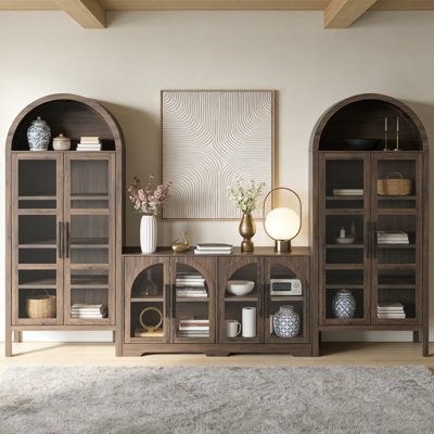 3-Piece Retro TV Stand Set With Storge And Adjustable Shelves For Tvs Up To 70", Wood Entertainment Center With Arched Design,Sideboard With Tempered Glass Doors For Dining Room, Living Room