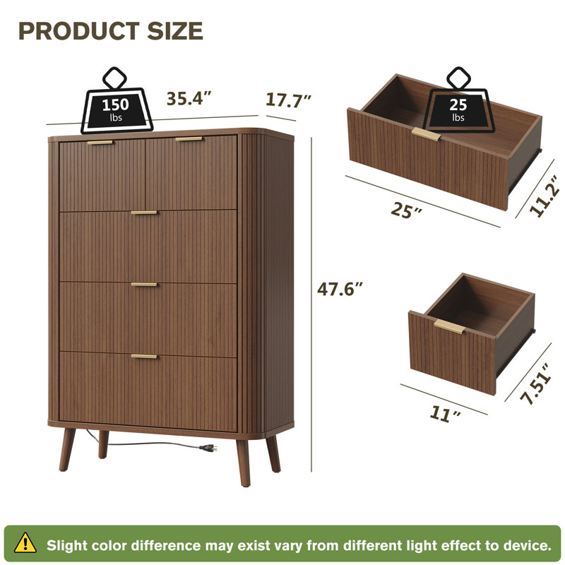 48" Tall Fluted 5 Chest of Drawers, Brown