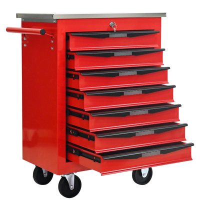 7 Drawer Tool Cart With Wheels And Red&Black Appearance For Garage Repair Shop Warehouse, Stainless Steel Roof, 4 Universal Locking, One - Side Pull Handle, Bearing Slides Drawers Rolling Roof