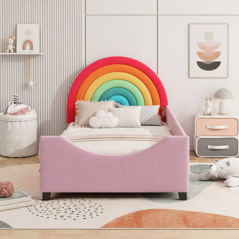 Lit simple tapissier pour enfants Rainbow, Avec garde-corps latéraux, Coloré