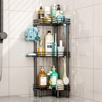 Hapirm Corner Shower Caddy Standing - Black - 3-Tier Rustproof Shower Organizer With Soap Holder And 4 Hooks, Floor-Standing Bathroom Corner Storage
