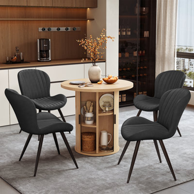 Fecteau 31.5"/47" Round Wooden Dining Table & Chairs Set, Half-Open Storage Dining Table With 4 Padded Upholstered Fabric Chairs
