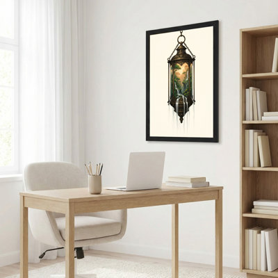 Toile noire encadrée en bois noir pour salon, chambre à coucher, bureau ou vestibule - décoration murale décorative avec paysage de lanterne