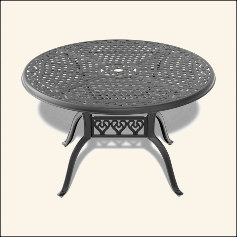 Table de patio en fonte d'aluminium, table de salle à manger sculptée résistante aux intempéries avec trou pour parasol et patins antidérapants pour jardin