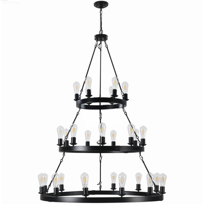 Grand luminaire suspendu de style rustique avec lustre en roue de chariot à 3 niveaux 27 lumières noir mat