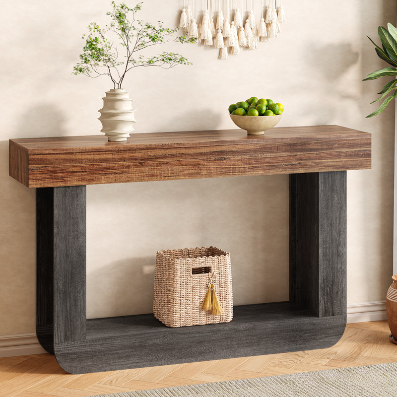 54"Narrow Console Table with U-Shaped Pedestal, Dark Brown, Gray