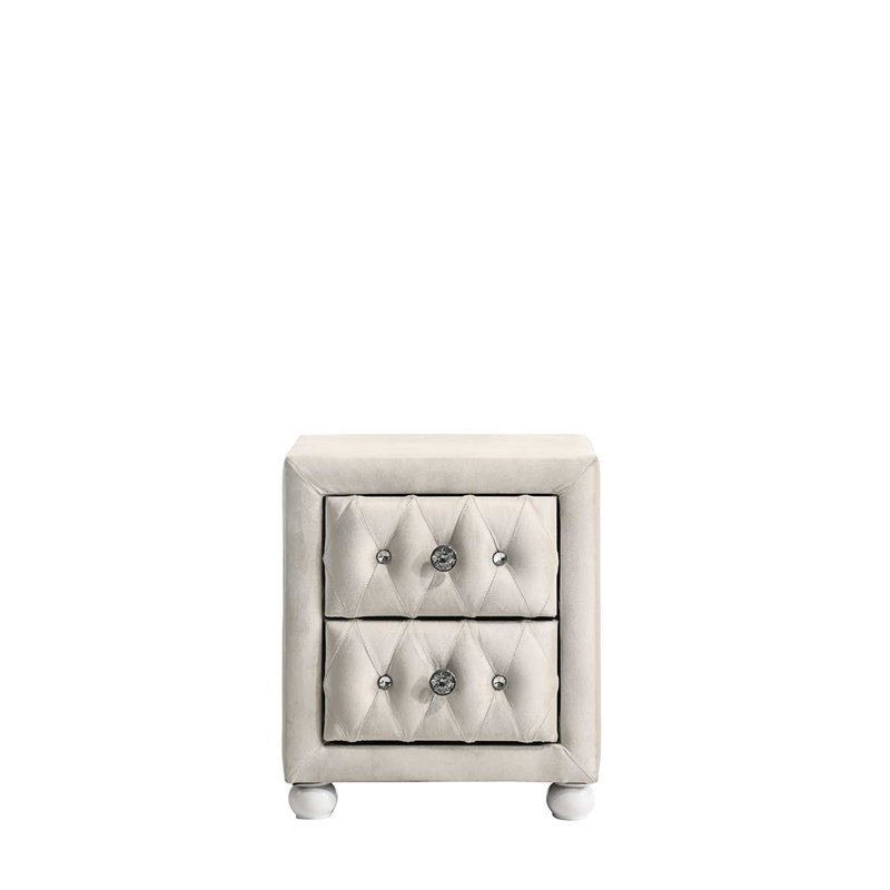 Table de chevet en tissu beige, 2 tiroirs de rangement en bois et panneaux de particules, tiroir latéral à glissières métalliques avec rallonge de 3/4, fonction butée, dimensions 43 cm, conception robuste supportant jusqu'à 36 kg, butée d'extension.
