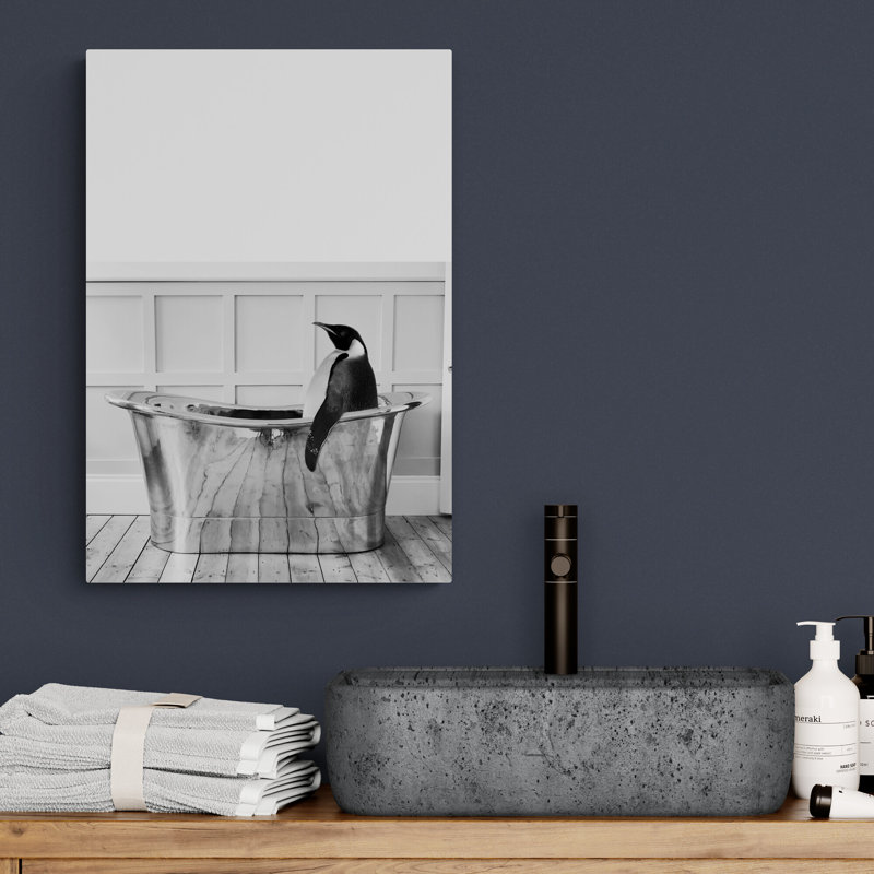 Penguin in Bath Tub Funny Bathroom Wall Art - Wrapped Canvas Art Prints, 61 cm H x 41 cm W