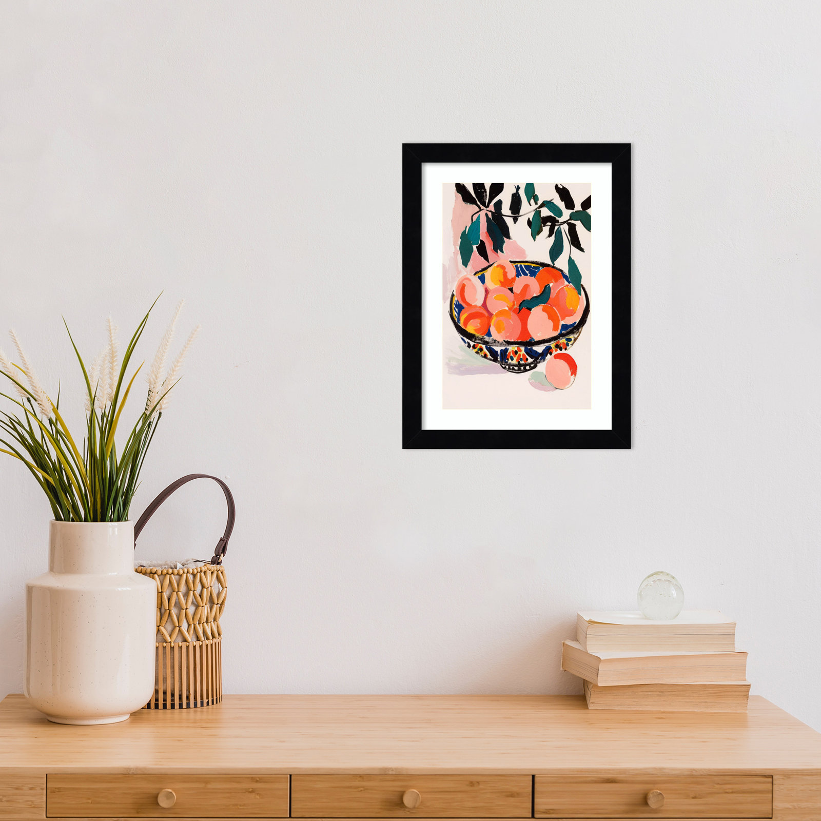 Ottilie "Fresh Peach Fruit Bowl" Print, Black Framed, 13" H x 10" W