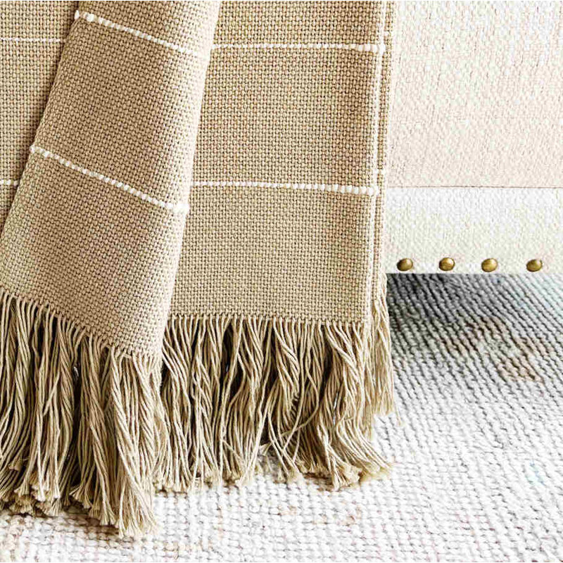 Pampa Hand Woven Throw Blanket, Camel/White Striped