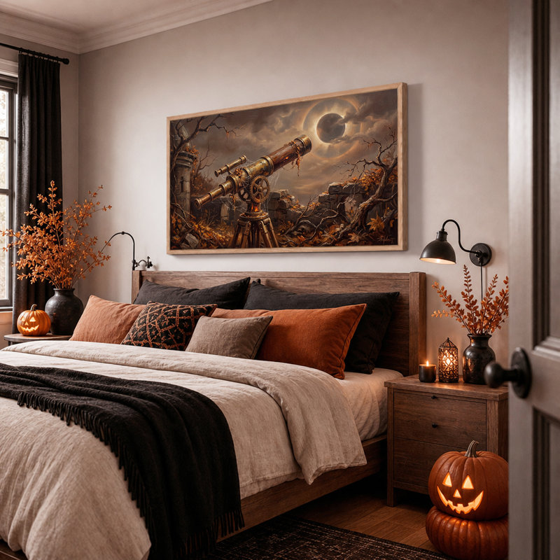Art mural sur toile en laiton télescope pointant vers une éclipse solaire d'Halloween