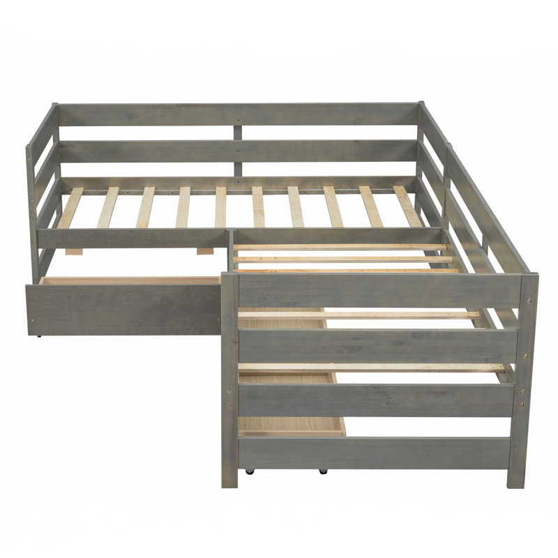 Lit plateforme simple en forme de L avec trois tiroirs de rangement, Gris
