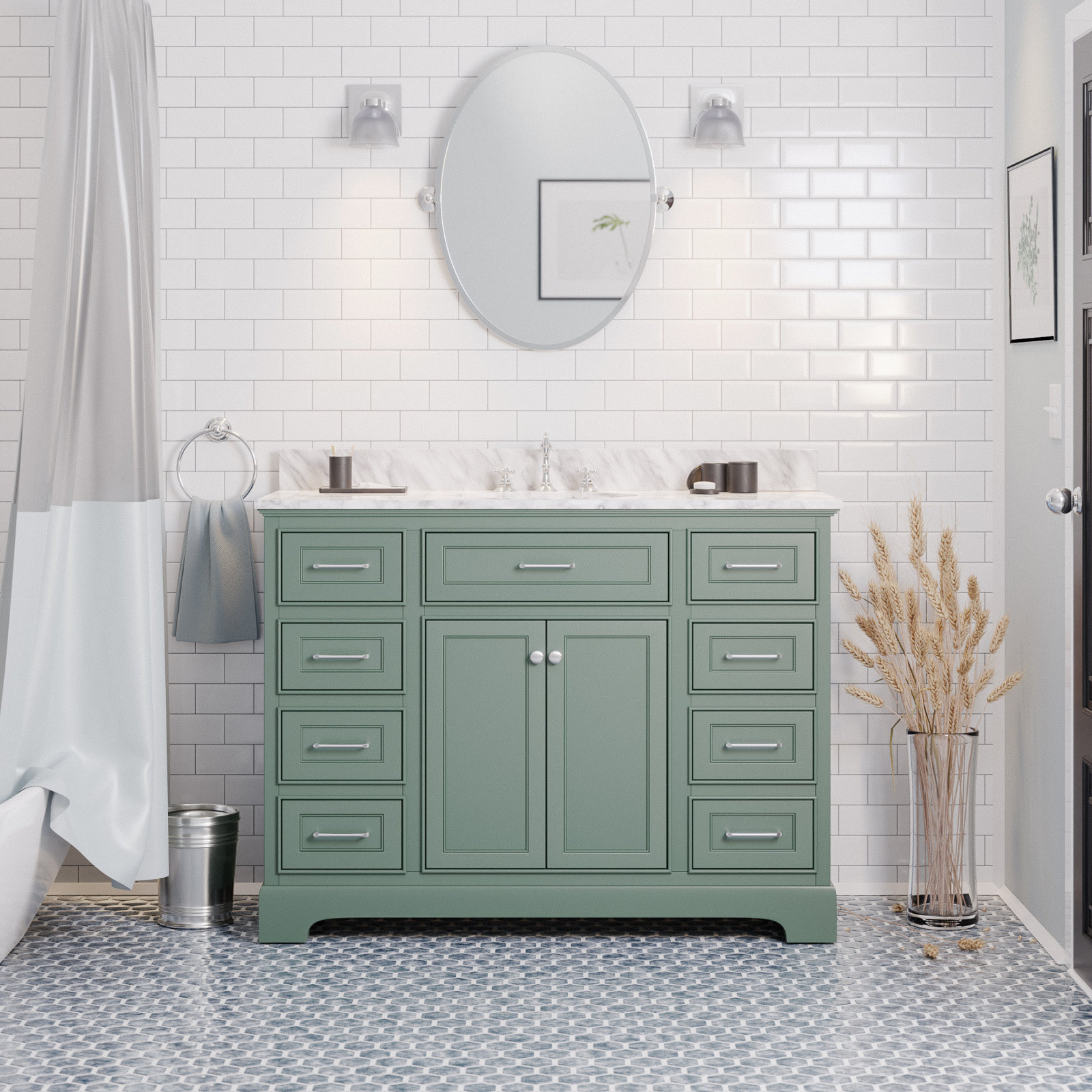 Ronnie 48'' Single Bathroom Vanity, Carrara Marble, Sage Green