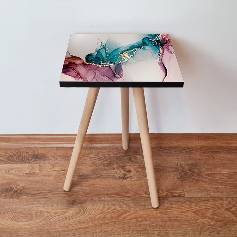 Élégante table d'appoint abstraite, rose et bleu avec accents dorés et blancs, 13,8 po x 16,5 po x 13,8 po | Plateau 100% bois aggloméré, pieds en bois de hêtre épais de 0,7 po | Parfait pour le salon, la chambre à coucher ou le bureau