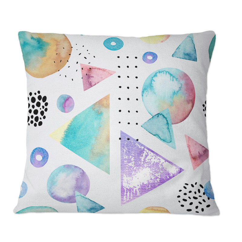 Rétro triangles, cercles, pois blancs II - Coussin décoratif à motif, 16 po x 16 po