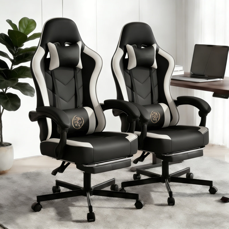 Fauteuil de jeu de course et de course réglable et inclinable ergonomique en similicuir (ensemble de 2), Blanc