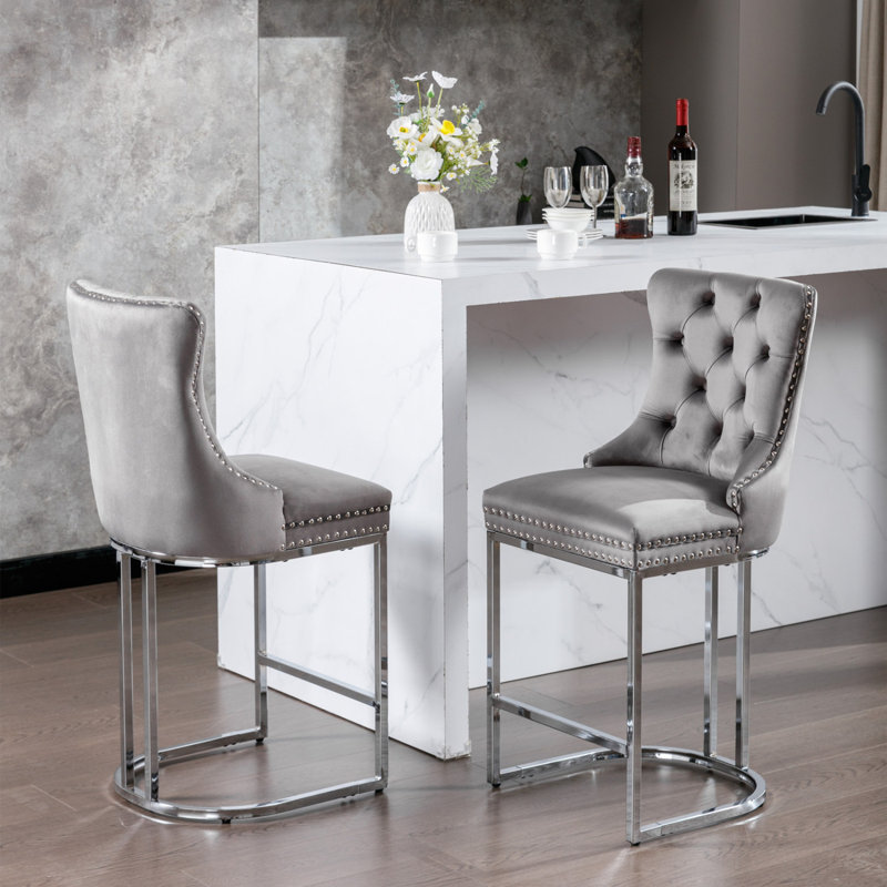 Tabourets de bar modernes en velours avec dossier et garniture de rivets, chaises d'îlot de cuisine revêtues, Gris