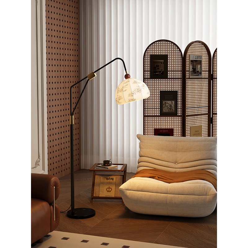 Lampe sur pied en fer forgé et tissu de style Mid-Century