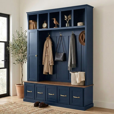 Arbre d'entrée pour vestibule avec banc à chaussures, crochets à manteau, tiroirs de rangement et casiers ouverts, armoire de rangement autoportante pour vestibule et vestibule