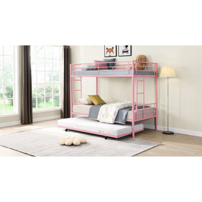 Lit superposé en métal avec lit gigogne rose - option de chambre à coucher moderne, économise de l'espace efficacement, structure en acier pour la durabilité, performance silencieuse et stable, grande capacité de charge, sécurité des escaliers sécuritaires, lit simple