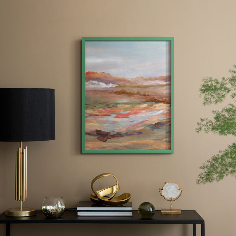 Reproduction encadrée peinte de paysage désertique - bois massif, H 21 po x l 17 po, Vert