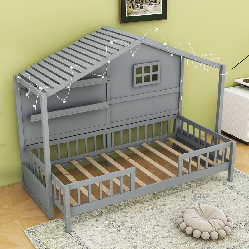 Lit simple en bois avec tablettes, garde-corps et bande lumineuse, Gris