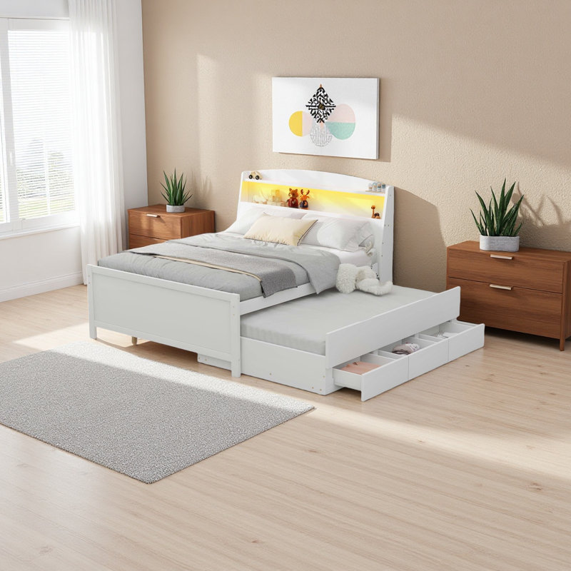 Lit plateforme avec tête de lit à DEL avec rangement, lit gigogne simple et 3 tiroirs, Lit double