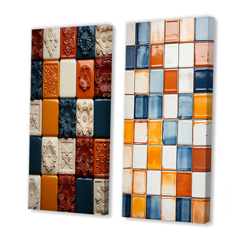 «Earth Tones Color Palette Tiles II», ensemble de 2 impressions sur toile abstraites, Toile tendue, H 28 po x l 25 po