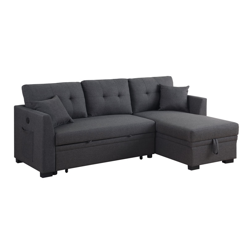 82" L-shape Reversible Linen Sleeper Sectional Sofa, With Pull Out Bed, Storage Chaise And Arms, Corner Couch For Apartment, Dorm, Living Room