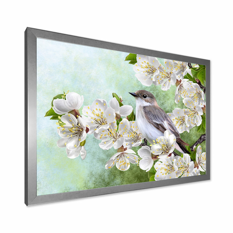 Oiseau gris sur une branche d'un arbre en fleurs - Peinture sur toile, H 12 po x l 20 po x p 1 po, Encadrement argenté