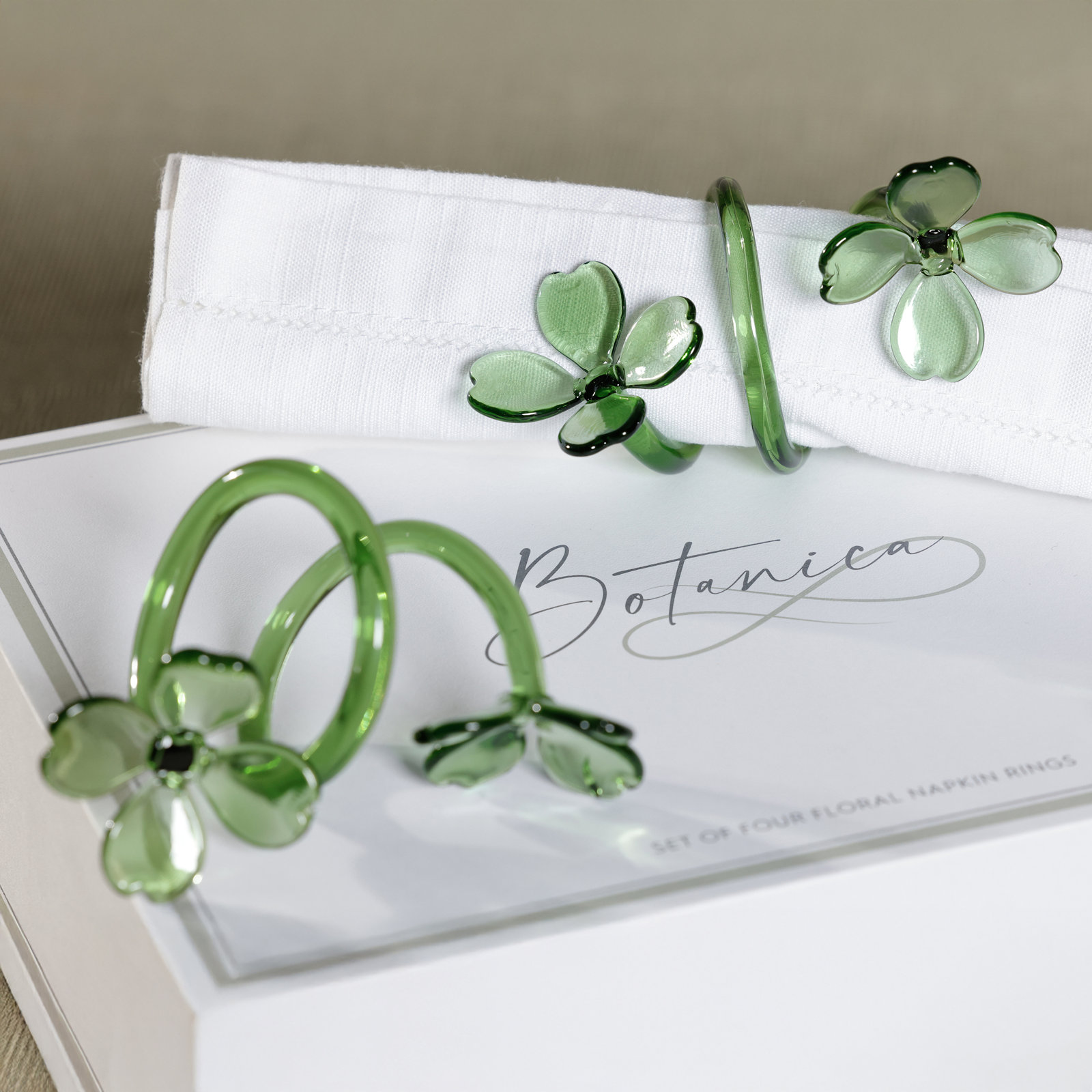 Botanica Glass Flower Napkin Rings, Green