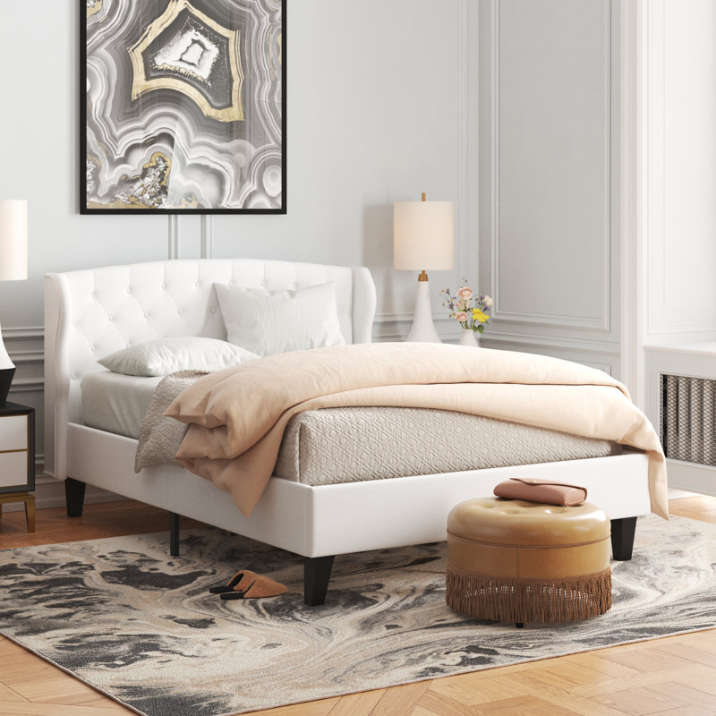 Penelope Tufted Wingback Queen Performance Velvet Platform Bed, White
