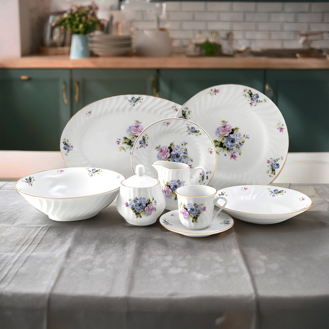 Ramsha 45-Piece Porcelain Dinnerware Set – Service for 8, White with Embossed Detail August Grove®