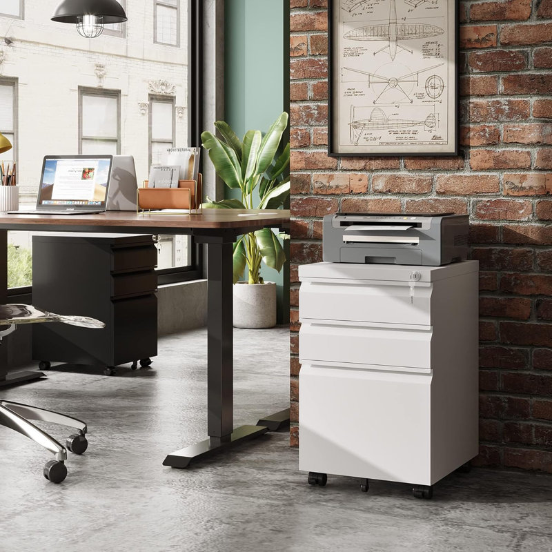 Markiese 3 Drawer Metal File Cabinet with Lock, Mobile Filing Cabinet for Home Office, Letter & Legal Size Compatible, White File Cabinet, Printer Cabinet